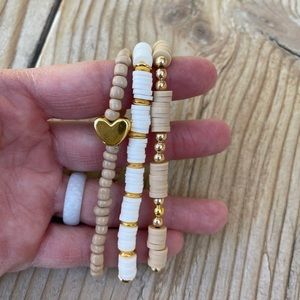 Gold tan white bracelet stack heishi beads